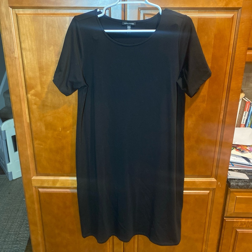 Eileen Fisher Fine Tencel Jersey Knit Short Sleeve Midi Dress Black Medium EUC